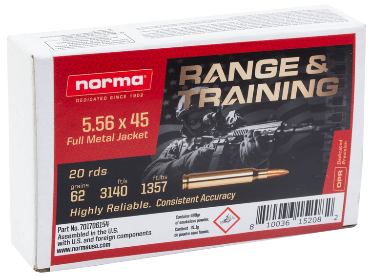 Norma Ammunition 701706154 Range & Training  5.56x45mmNATO 62gr Full Metal Jacket 20 Per Box/10 Case                                                                                                    