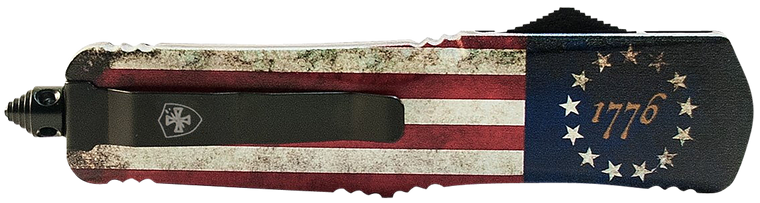 Templar Knife SBRF331 1776 Gen II Small 2.69" OTF Drop Point Plain Black Oxide Stonewashed Black 440C SS Blade/4.31" Betsy Ross Flag Aluminum Handle Features Glass Breaker Includes Pocket Clip/Sheath 