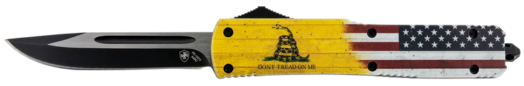 Templar Knife MDTOM331 Don't Tread on Me Gen II Slim 3.50" OTF Drop Point Plain Black 440C SS Blade Red,White,Blue,Yellow Zinc Aluminum Alloy Handle Features Glass Breaker/Pocket Clip                 