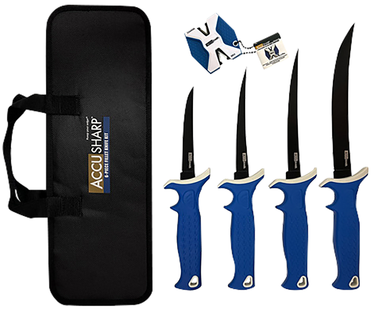 AccuSharp 737C Knife Kit  4.75/5.50/6.50/8" Fixed Fillet Plain Satin Stainless Steel Blade/ Blue Non-Slip Grip TPR Handle Includes 2-Step Sharpener                                                     