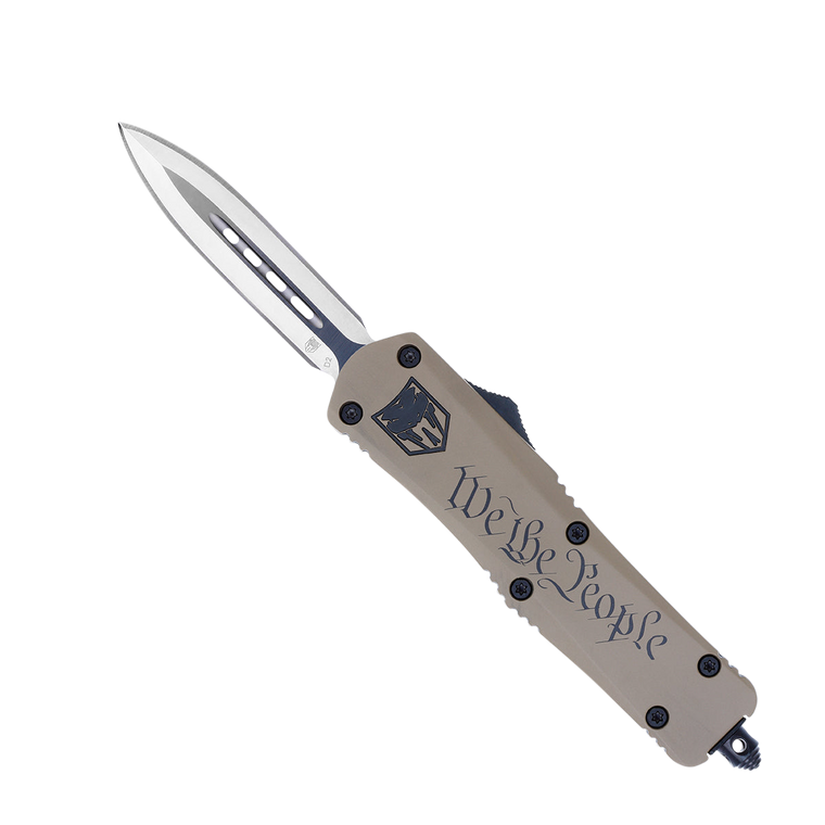 CobraTec Knives MWTPFS3DAGNS We The People  Medium 3" OTF Dagger Plain D2 Steel Blade/Tan w/"We The People" Features Glass Breaker Includes Pocket Clip                                                 