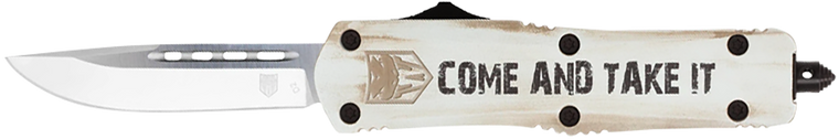 CobraTec Knives MCATIFS3TNS FS-3 Come And Take It 3" OTF Tanto Plain D2 Steel Blade/White w/"Come And Take It" Cerakoted Aluminum Handle Features Glass Breaker Includes Pocket Clip                    