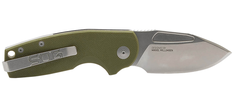 S.O.G SOG16030157 Stout SJ 2.60" Folding Clip Point Plain Stonewashed Cryo D2 Steel Blade/ Olive Drab Textured G10 Handle Includes Belt Clip                                                            