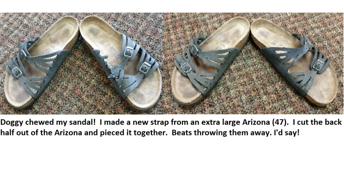 Gray Birkenstock sandal with a dog-chewed strap shown before and after replacement.
