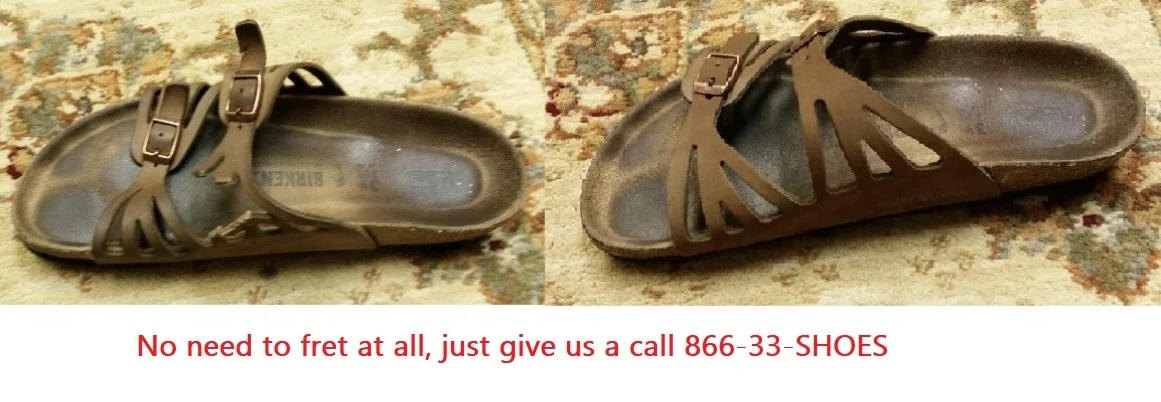 Brown Birkenstock sandal with a damaged strap shown before and after repair.