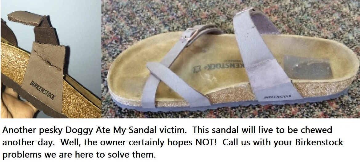 Damaged brown Birkenstock sandal shown beside the repaired sandal with new light purple straps.