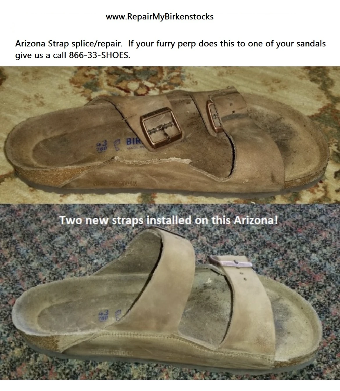 Brown Birkenstock Arizona sandal shown before and after two damaged straps were replaced.