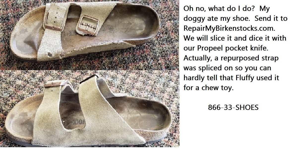 Tan Birkenstock sandal with dog-chewed straps shown before and after a replacement strap was added.