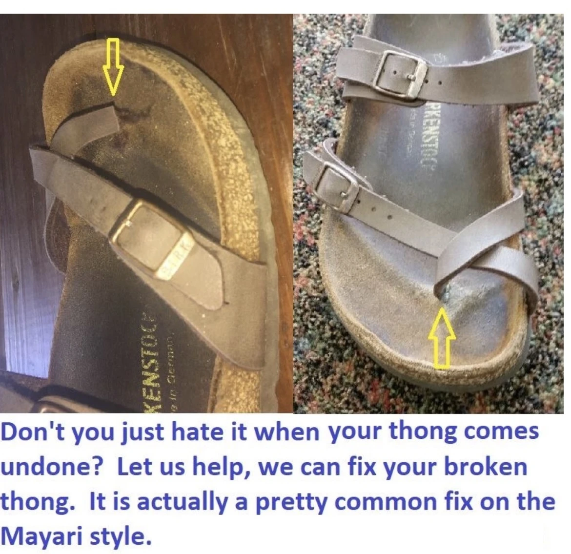 Brown Birkenstock Mayari sandal with a broken toe loop shown before and after repair.