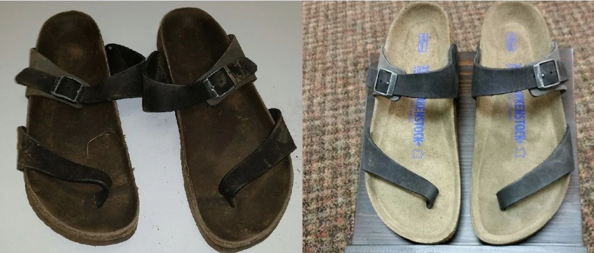 Black Birkenstock Mayari sandals shown before and after cleaning and restoration.