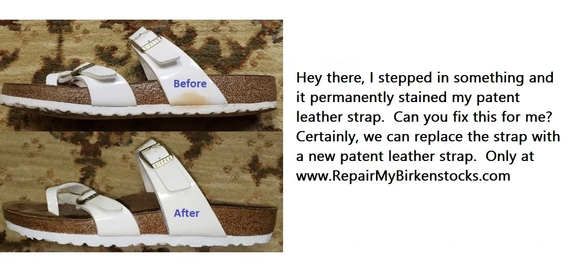 White Birkenstock sandal shown before and after a stained strap was replaced.
