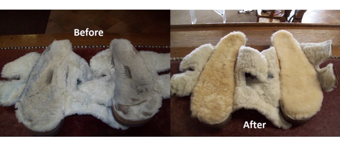 Shearling-lined Birkenstock sandals shown before and after cleaning and restoration.