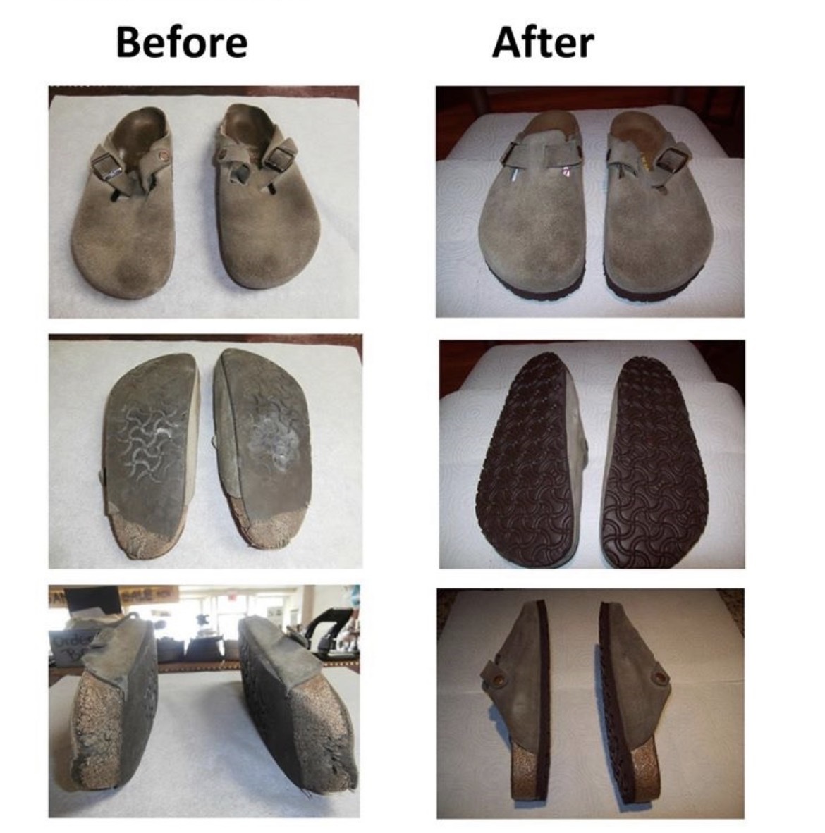 Gray suede Birkenstock clogs shown from above and below before and after restoration with new soles.