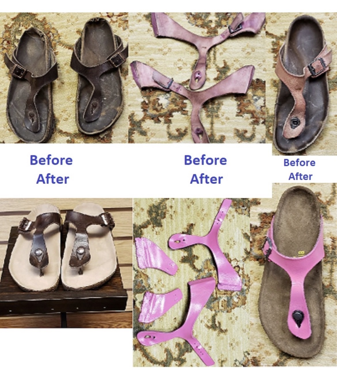 Brown and pink Birkenstock thong sandals shown before, during, and after strap and footbed restoration.