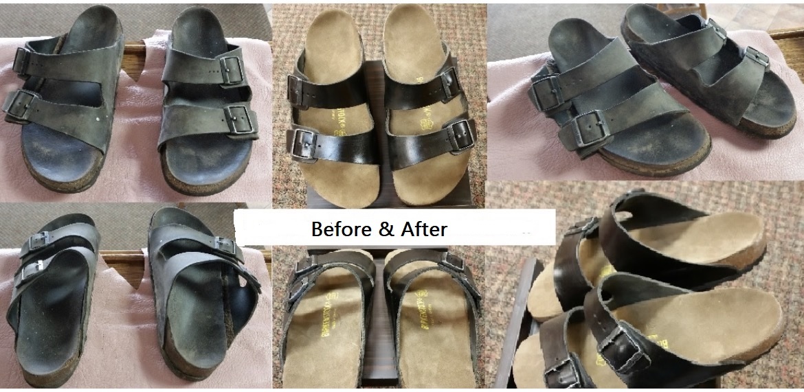Black two-strap Birkenstock sandals shown from multiple angles before and after a complete makeover.