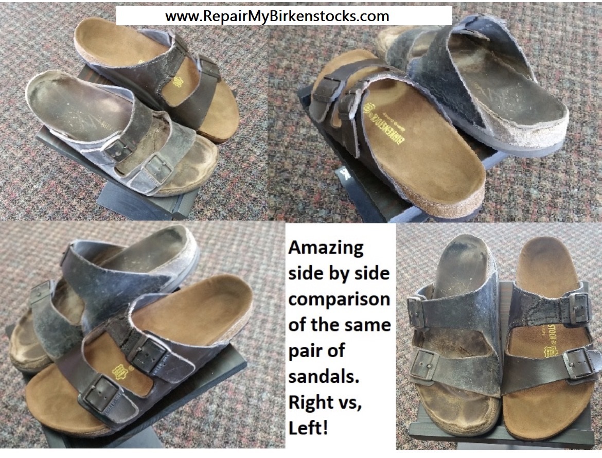 Black Birkenstock sandals shown side by side before and after cleaning and restoration.