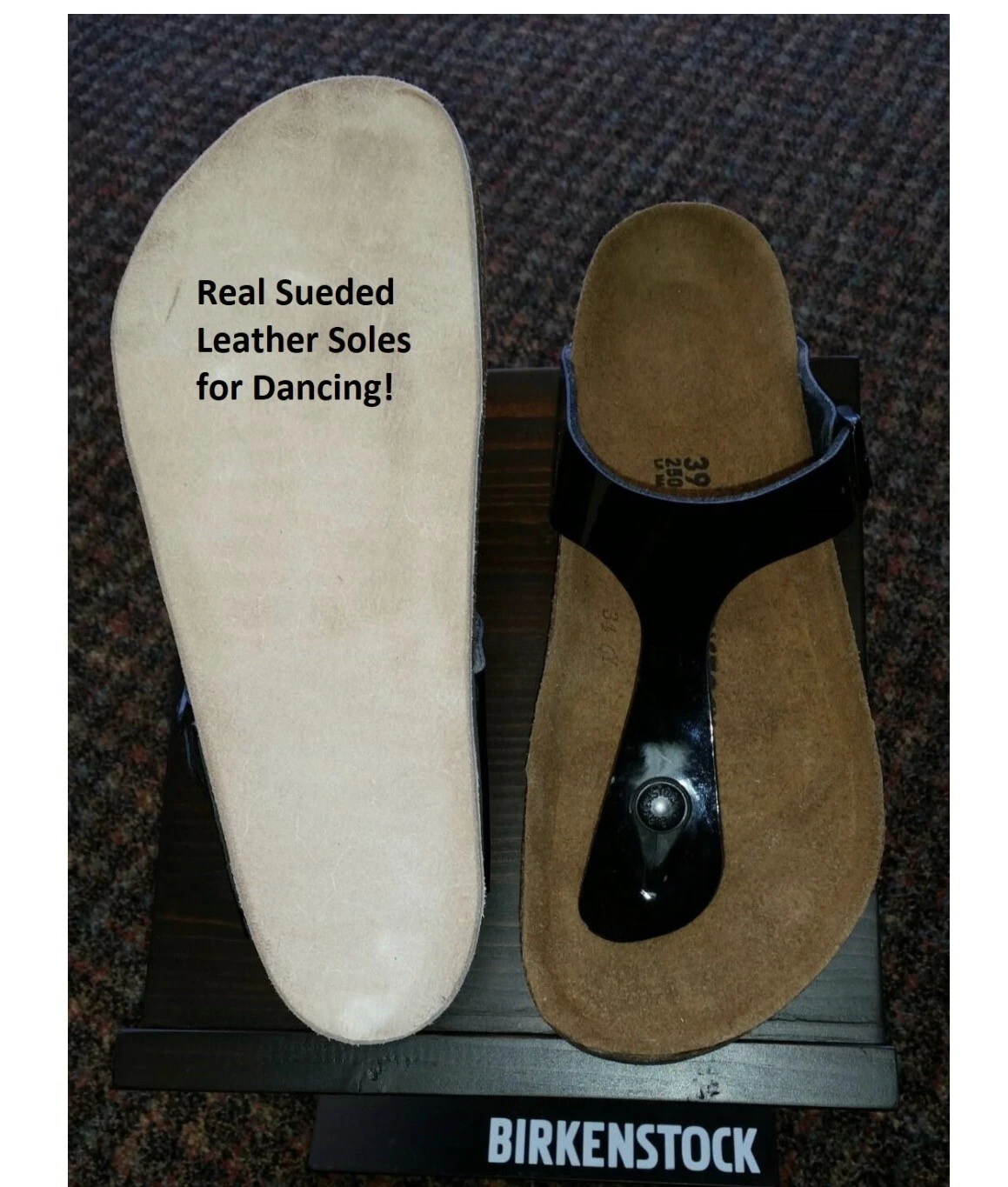 Black Birkenstock thong sandal shown with a new full-length suede leather sole for dancing.