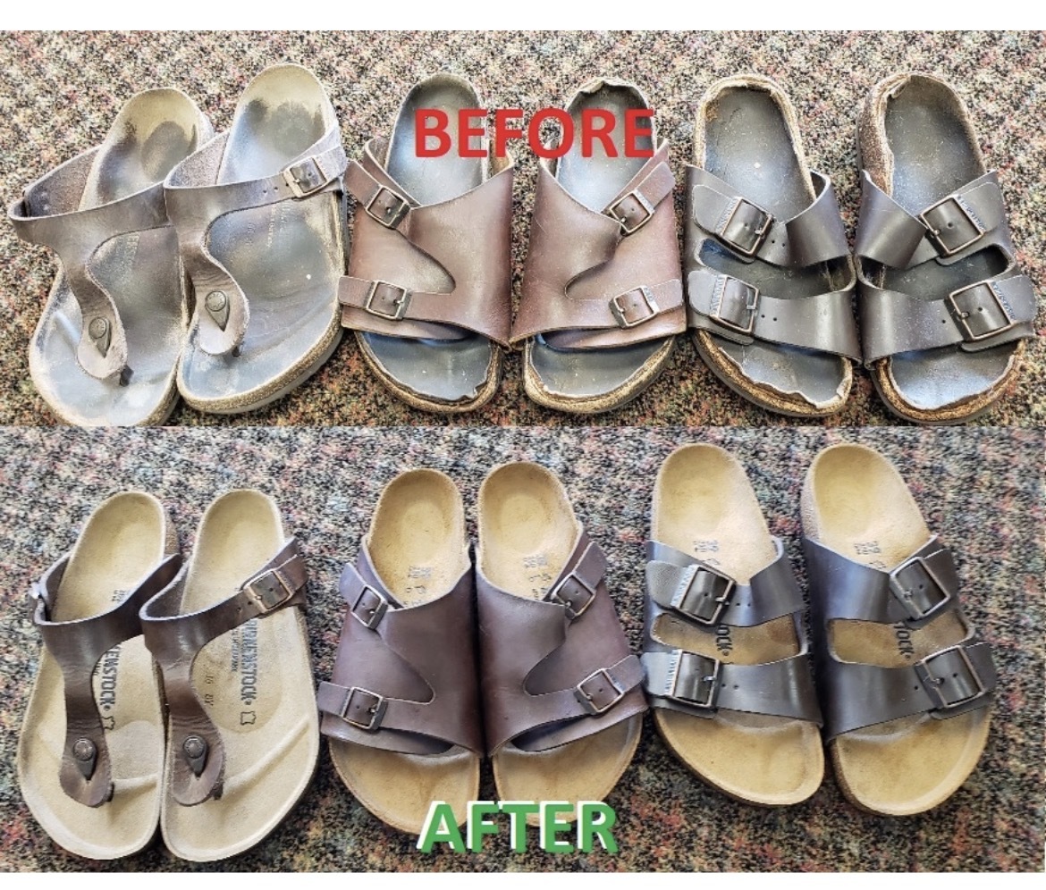Three pairs of Birkenstock sandals shown before and after complete cleaning and restoration.