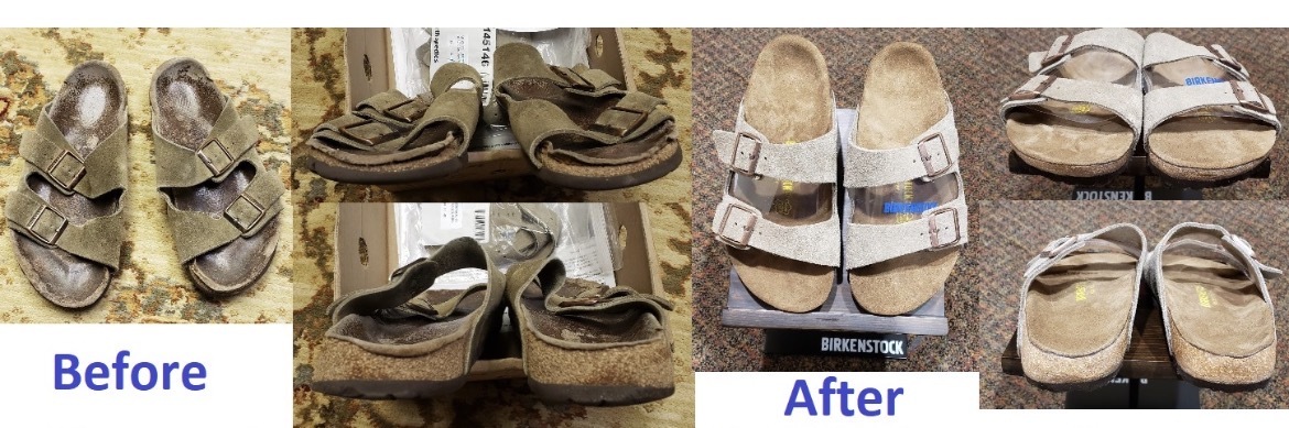 Worn brown Birkenstock sandals shown before and after being rebuilt with light gray straps and new footbeds.
