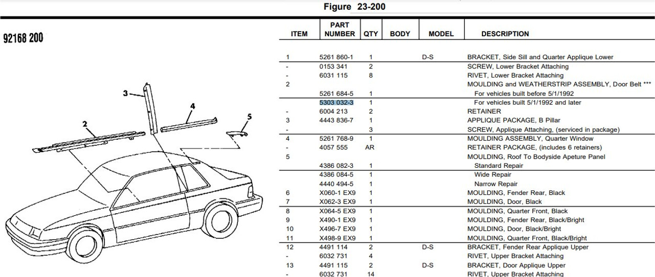 92-93-94 Dodge Shadow  2 Door/Window molding 5303032-3