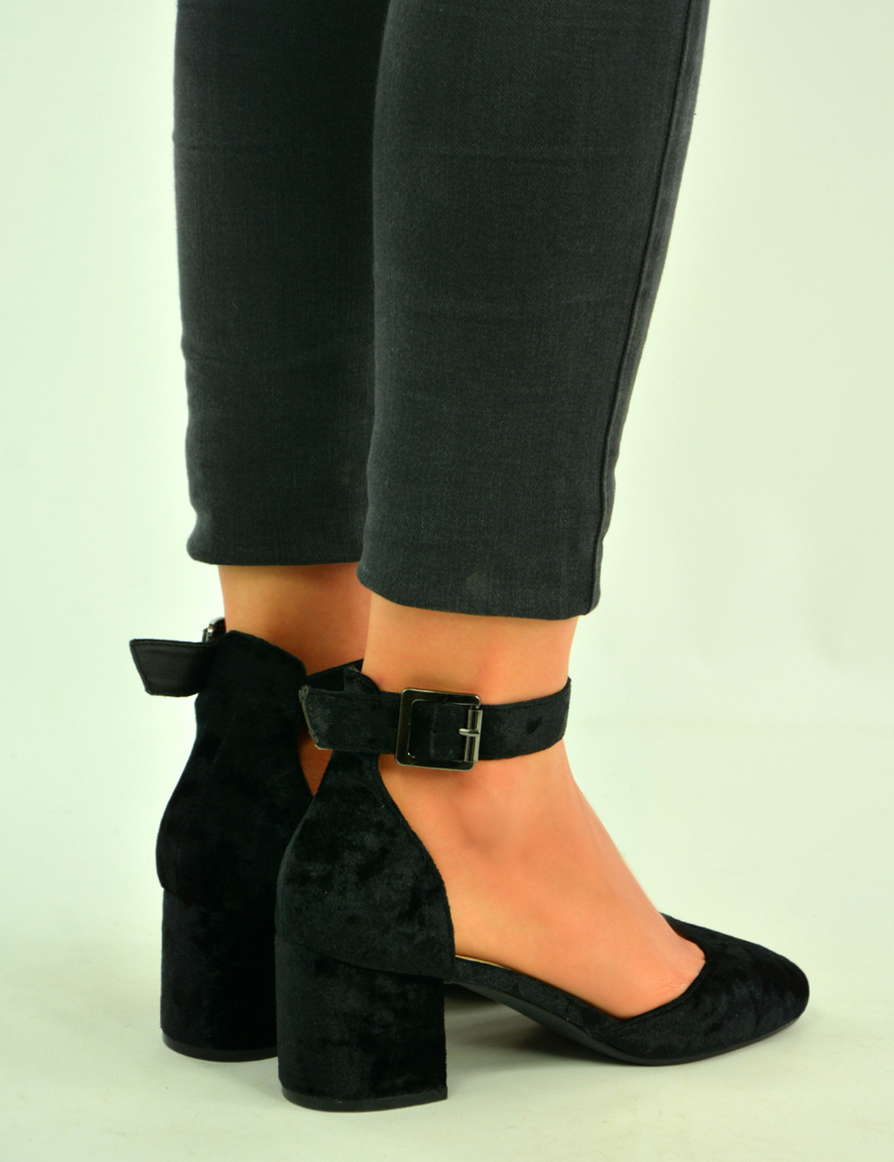 New Womens Ladies Black Velvet Mid Block Heel Ankle Pumps Shoes Size Uk 3-8