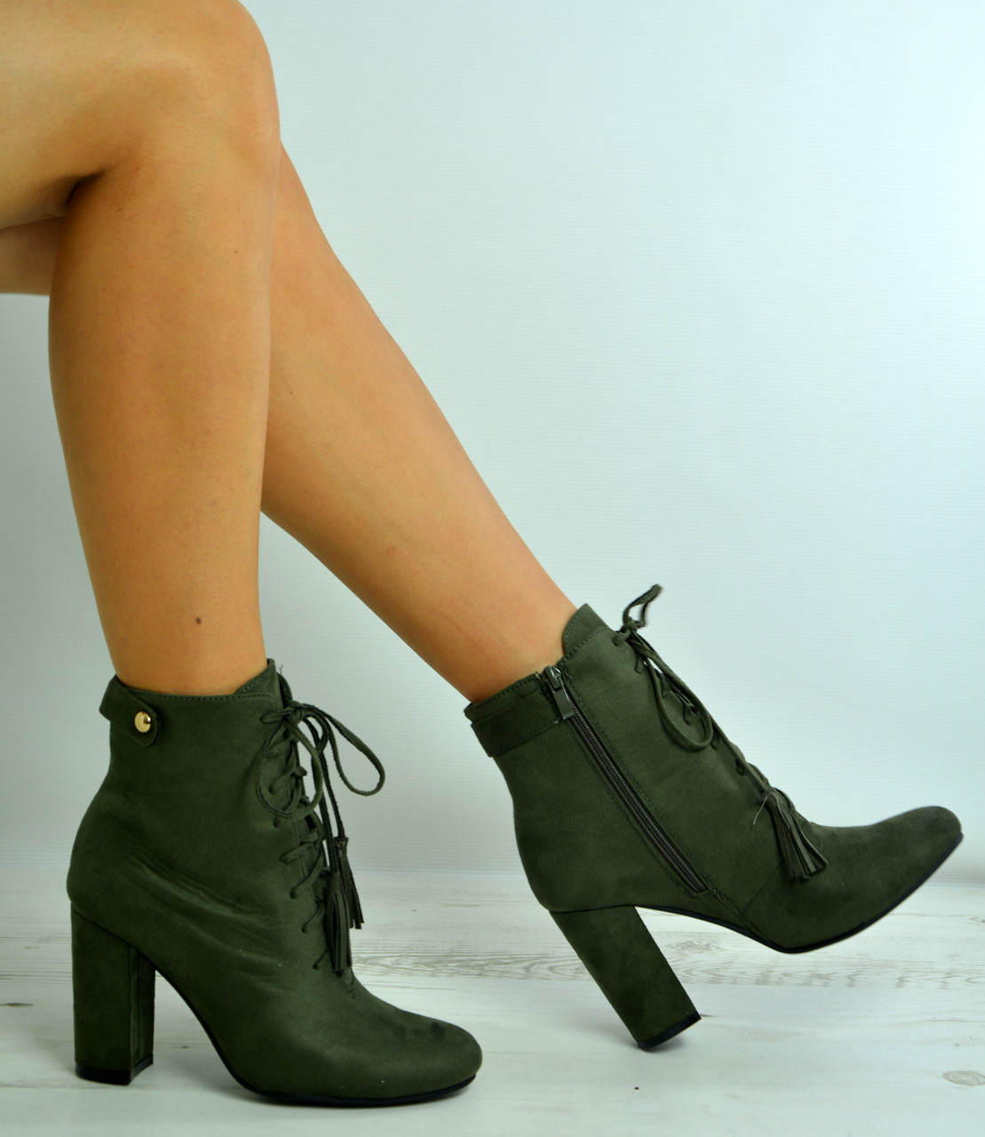 Block Heel Ankle Boots Lace Up 