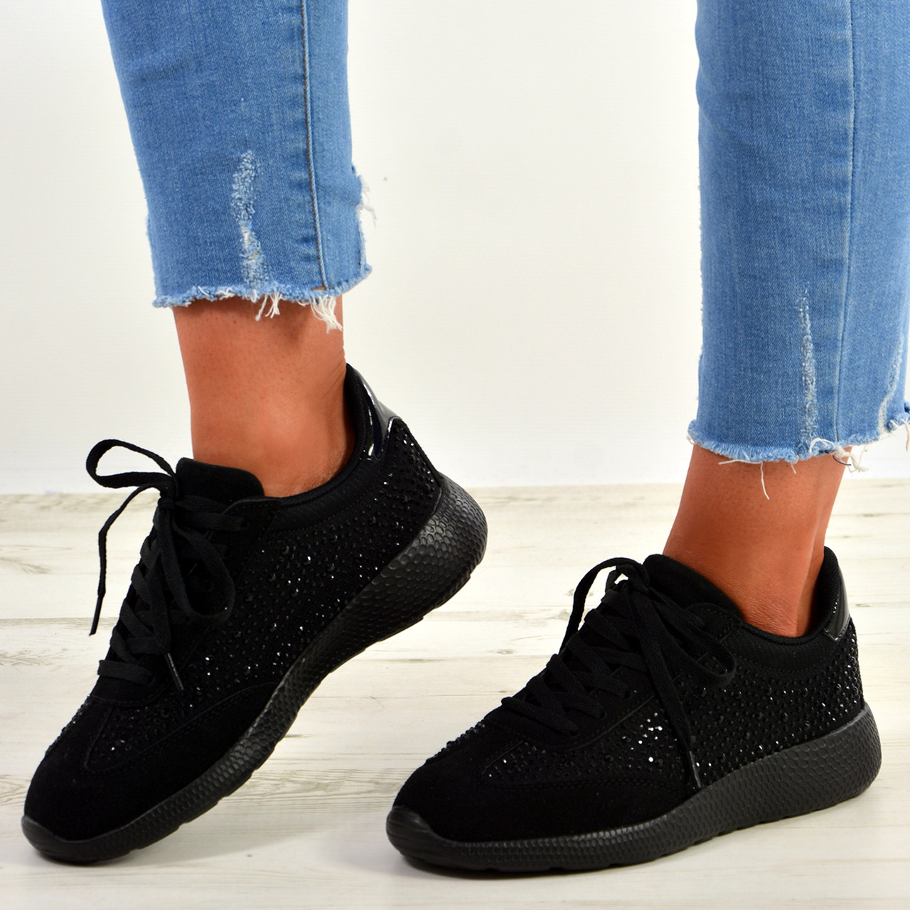 New Womens Studded Lace Up Trainers 