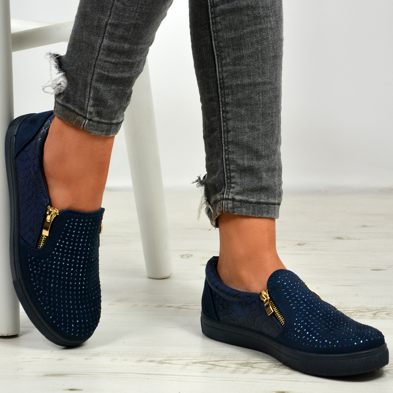 navy blue slip on trainers