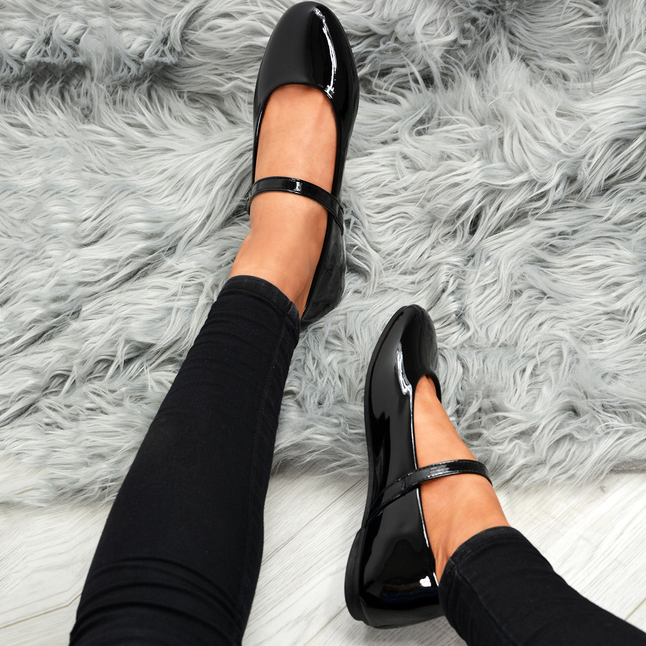 ladies black patent flat shoes