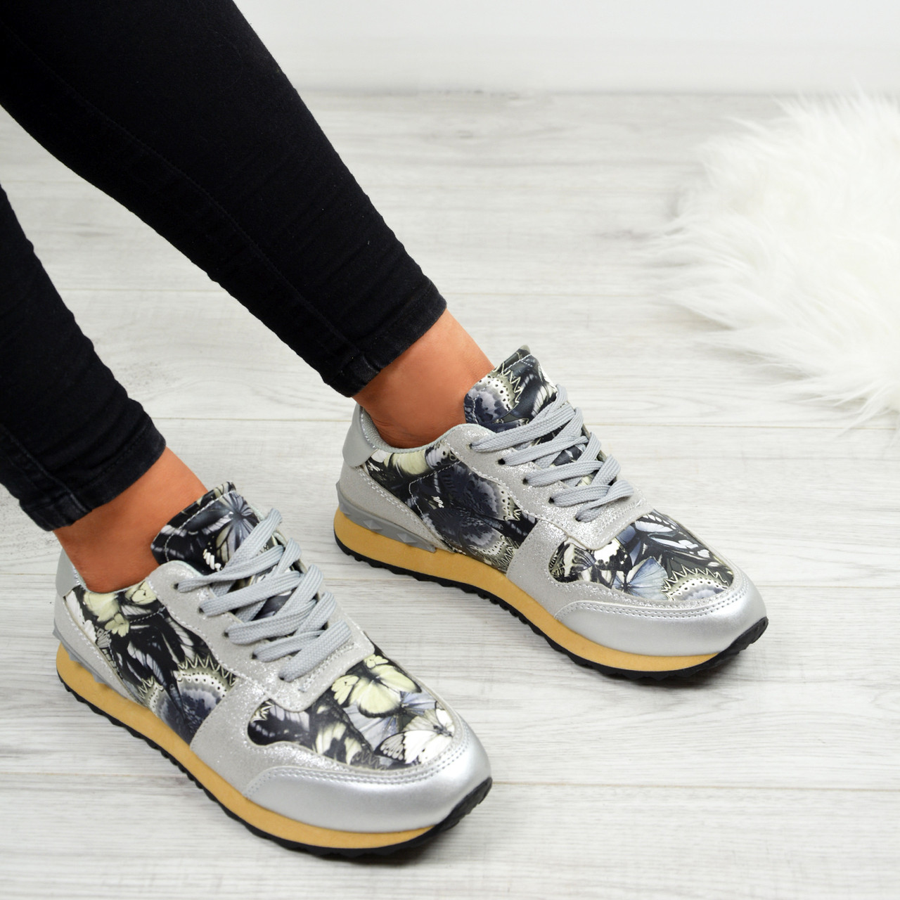 Ladies Womens Floral Lace Up Trainers 