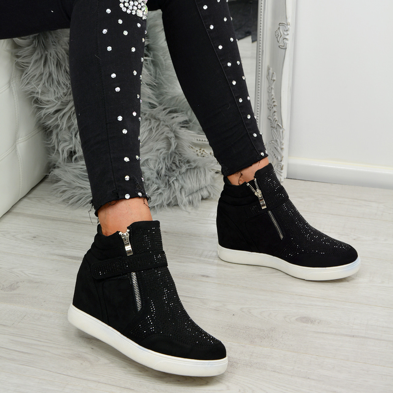 black wedge trainer boots