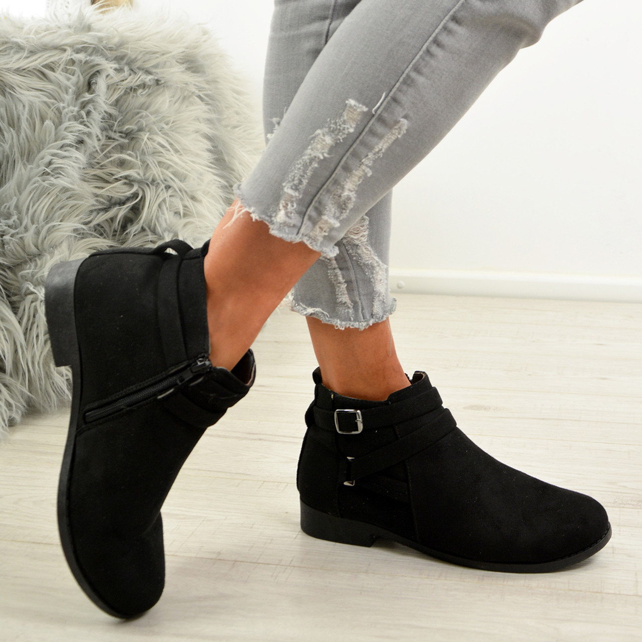 womens black suede ankle boots low heel 