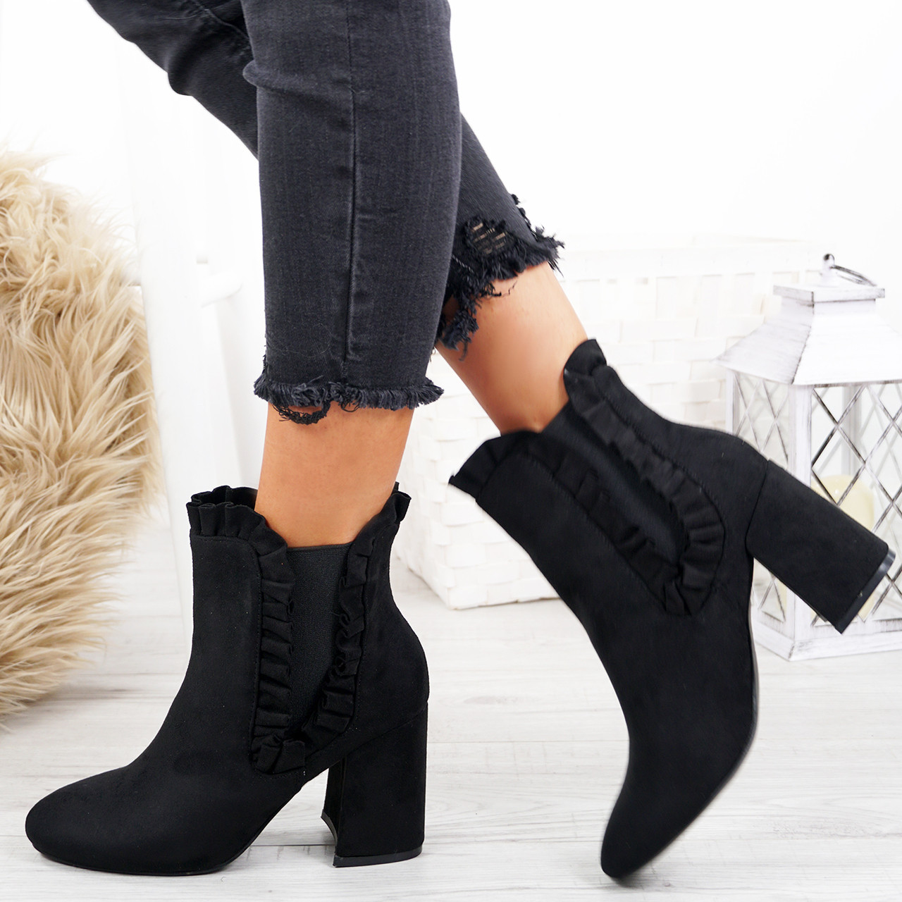 Womens Ladies Ruffle Ankle Boots Mid 