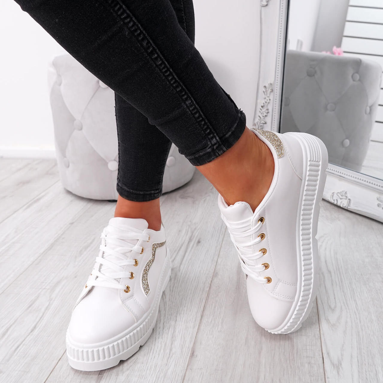 white and gold ladies trainers