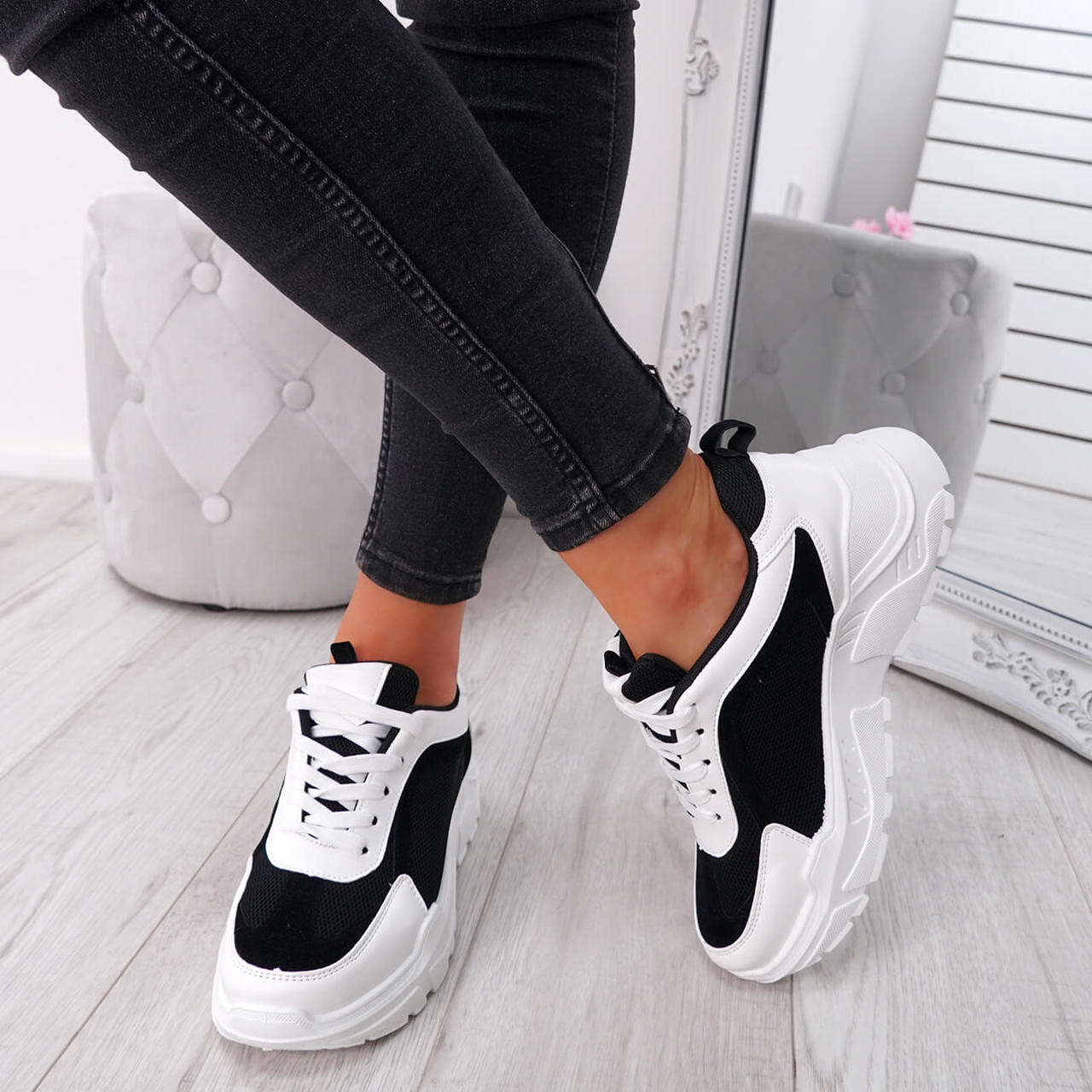 Womens Ladies Lace Up Chunky Trainers Fashion Plimsolls Casual Sneakers ...