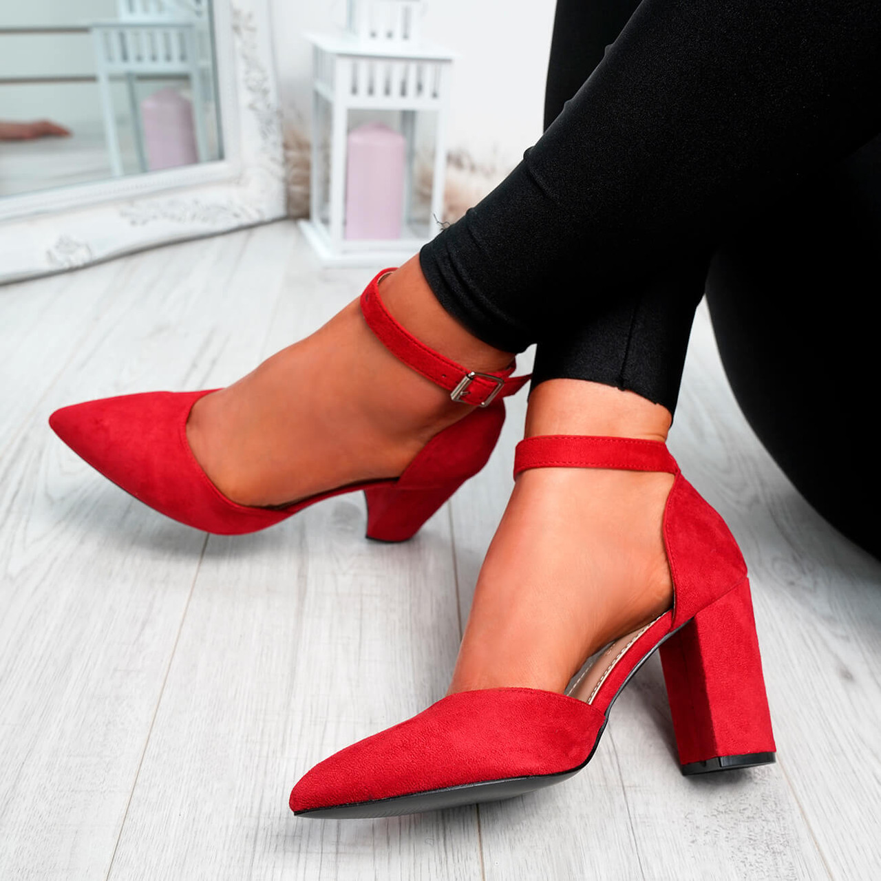 Block Heel Pointed Pumps Ankle Strap 