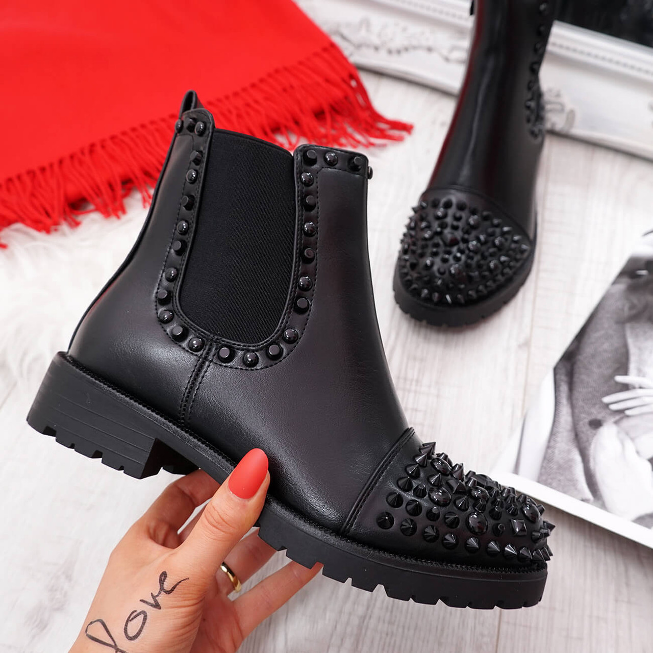 black spike ankle boots
