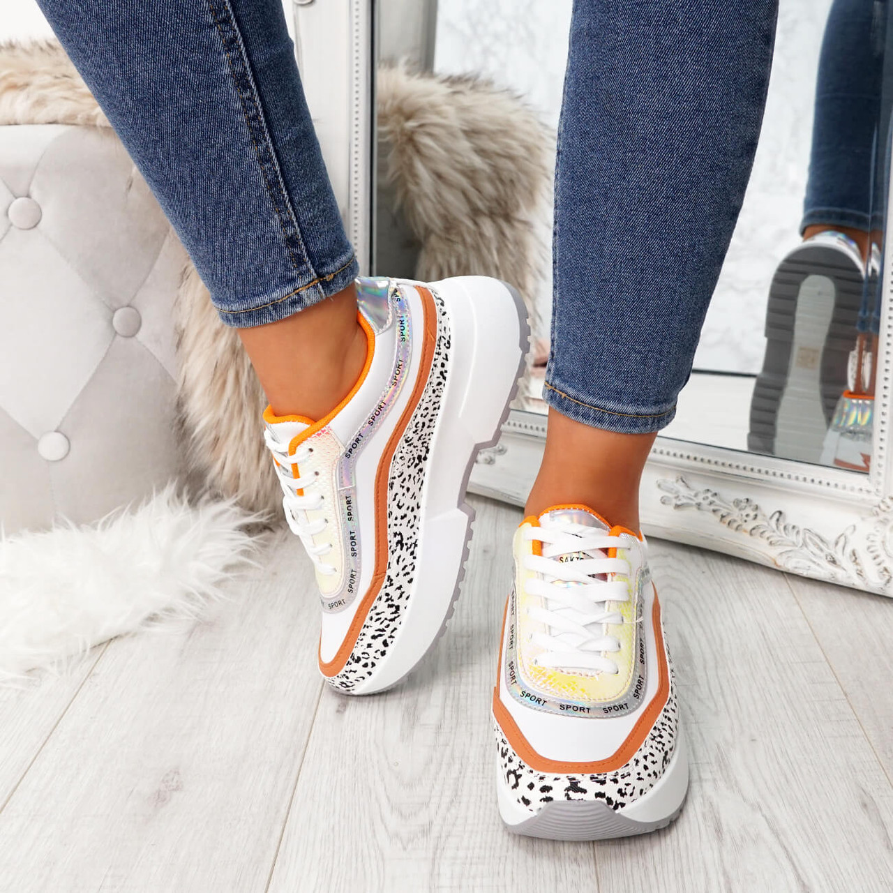 white chunky trainers with leopard print