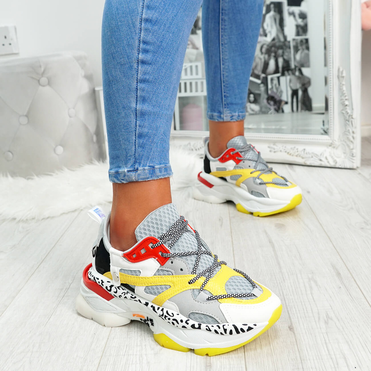 grey and yellow trainers