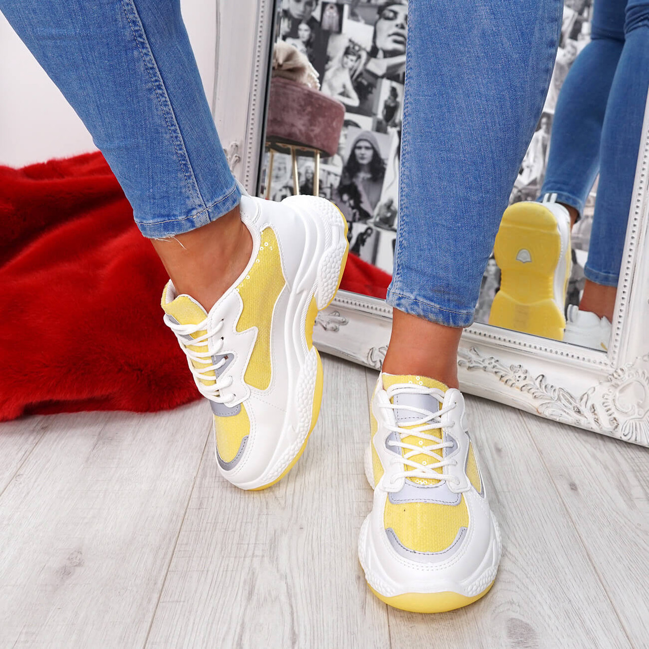 white and yellow trainers
