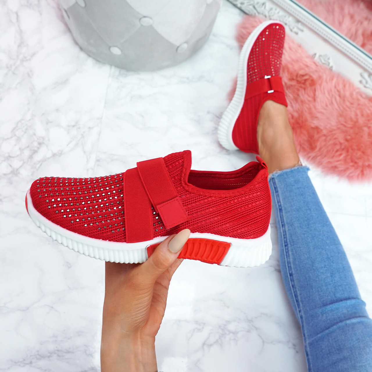 red knit sneakers