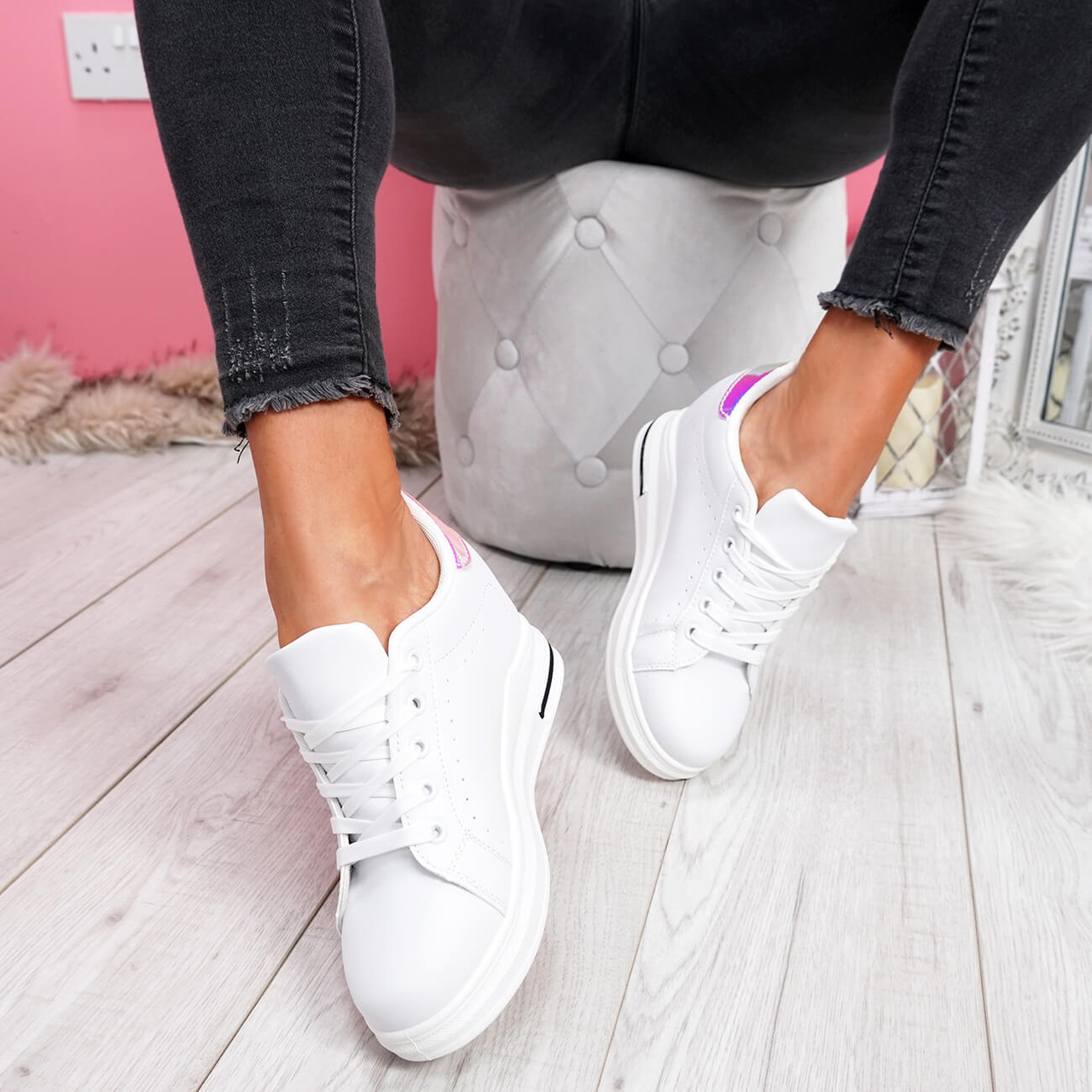Misma White Silver Black Wedge Trainers