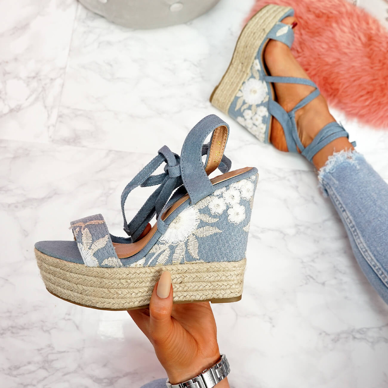 Lazza Light Blue Lace Up Wedge Sandals