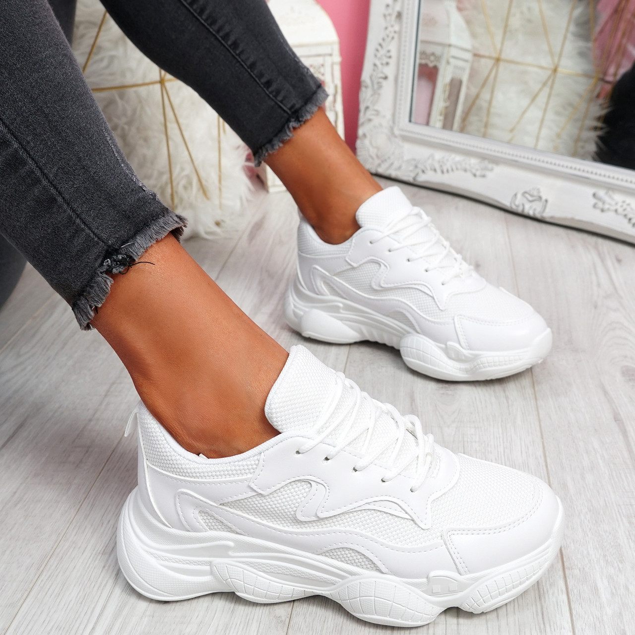 Lilla White Lace Up Chunky Trainers