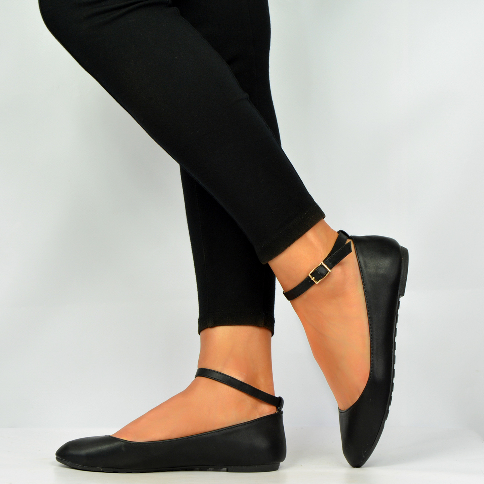 Brand New Womens Ladies Black Pu Flats Ankle Strap Ballerinas