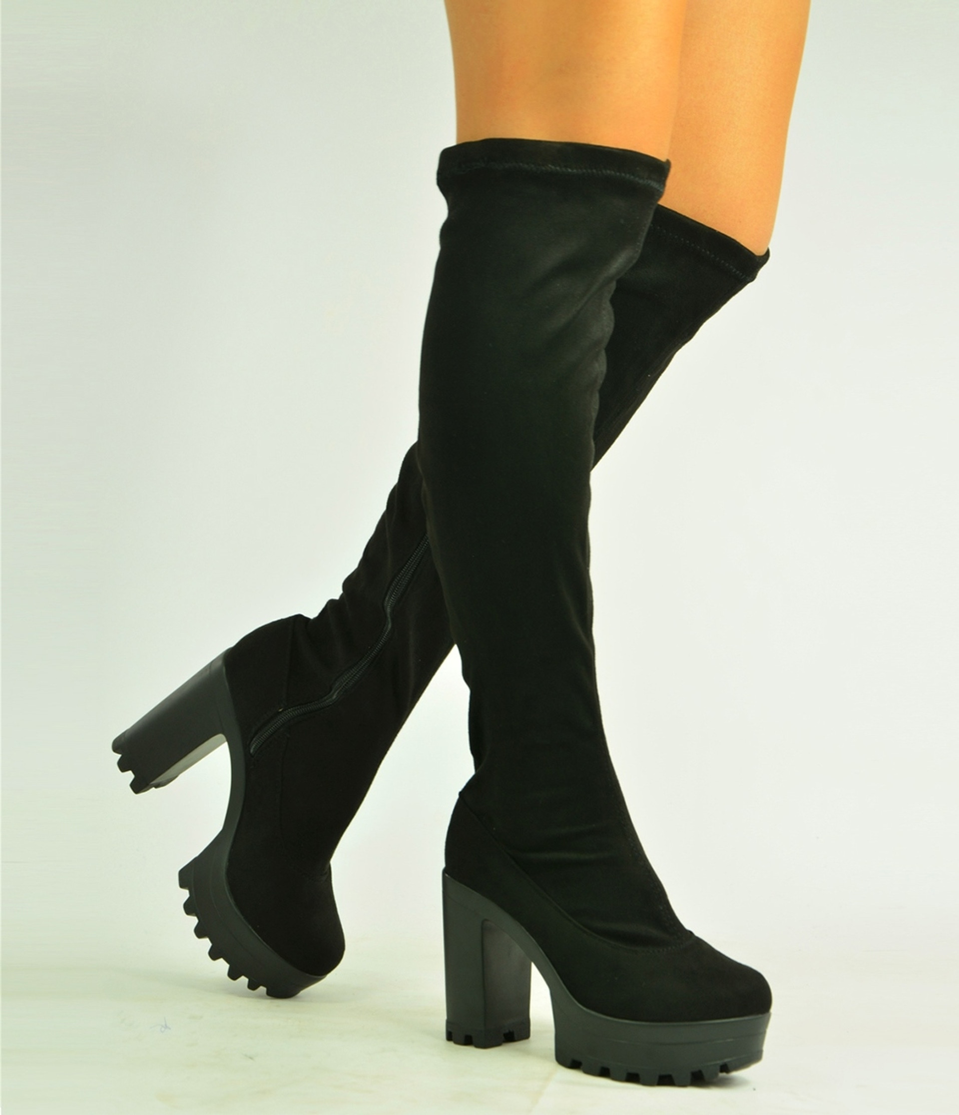 NEW WOMENS BLACK SUEDE KNEE BOOTS CLEATED PLATFORM SHOES SIZE UK 3-8