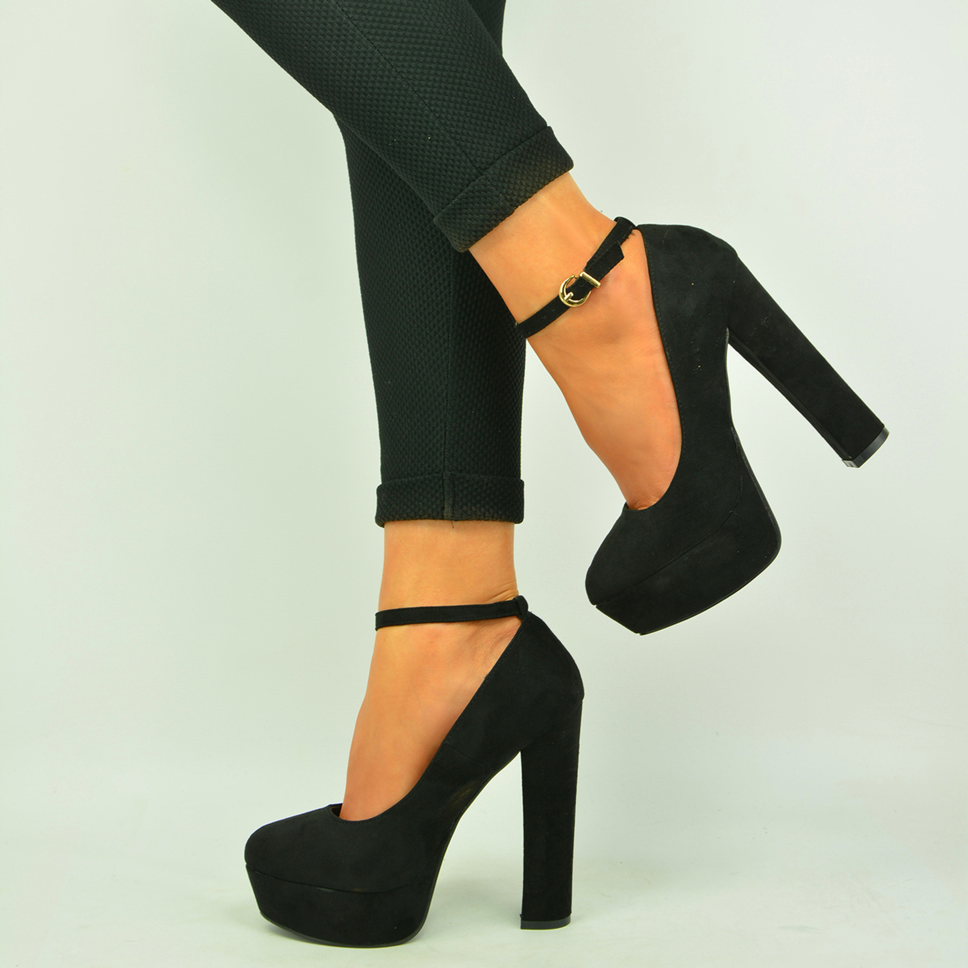 New Womens Ladies Black Suede Ankle Strap Platform Pumps Sandals Shoes Size  Uk 3-8