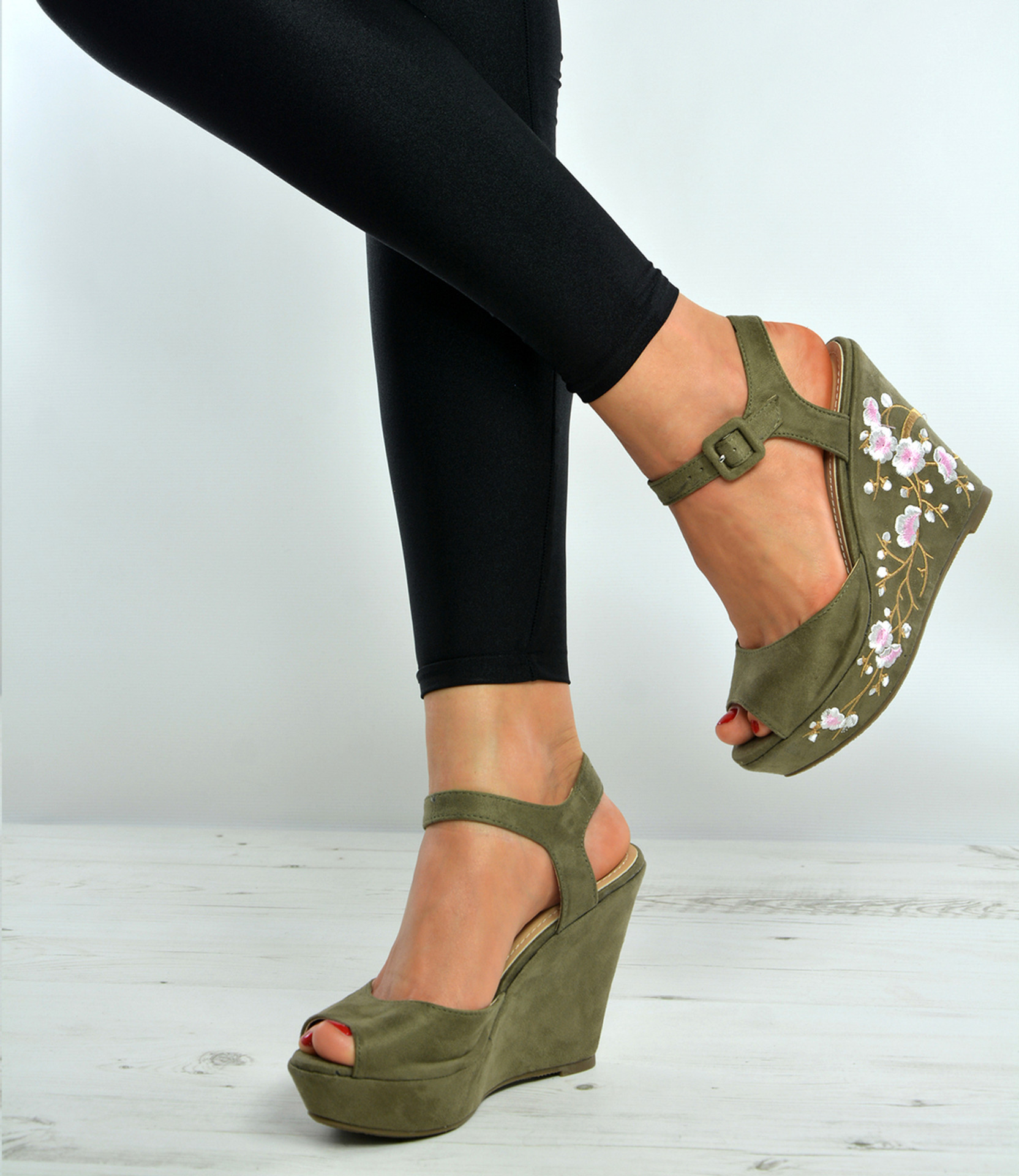 Black Floral Wedge Platforms Ankle Strap Sandals Shoes Size Uk 3-8