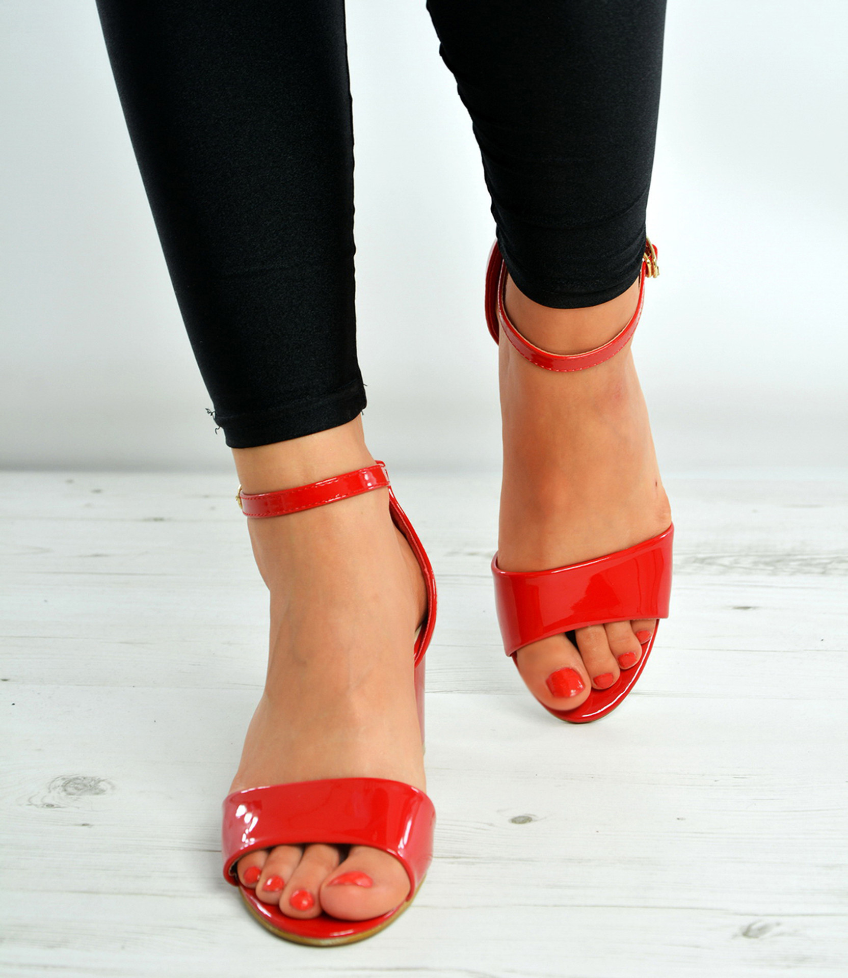 Red Patent Ankle Strap Mid Block Heel Sandals