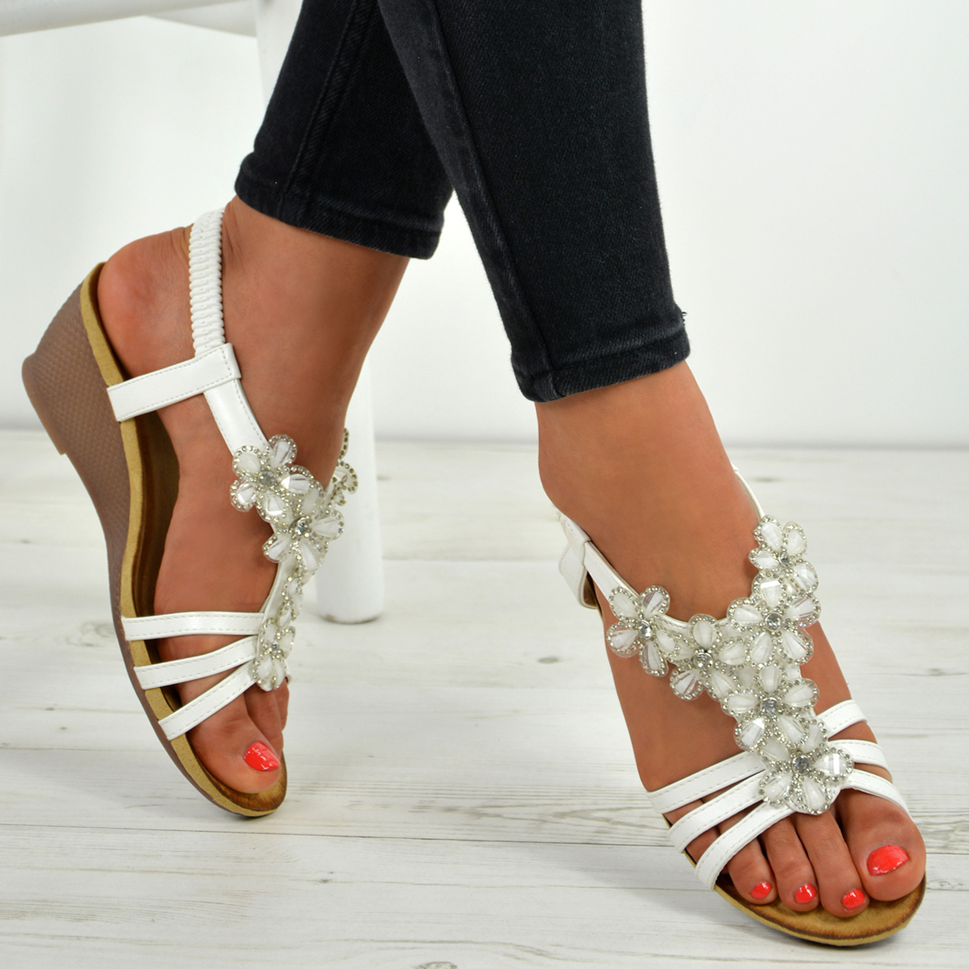 Janelle Flower T Strap White Sandals